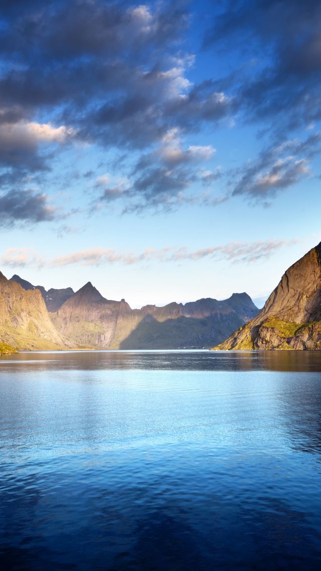 Norway, Lofoten islands, Europe, Mountains, sea, clouds, 5k (vertical)
