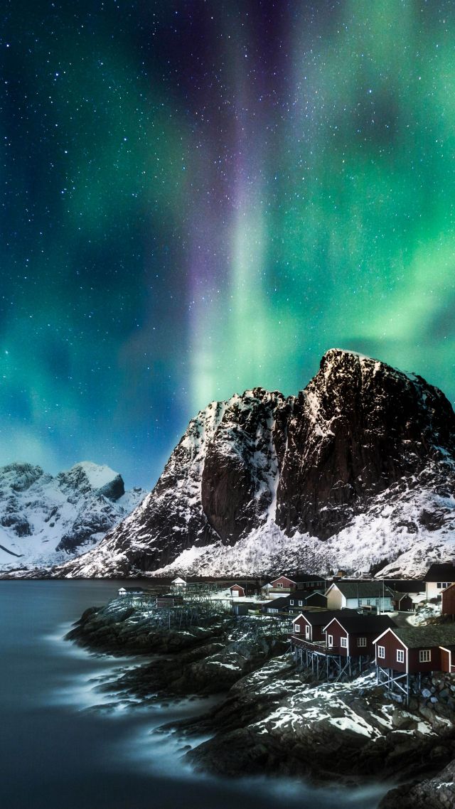 Norway, Lofoten islands, Europe, Mountains, sea, night, northern lights, 5k (vertical)