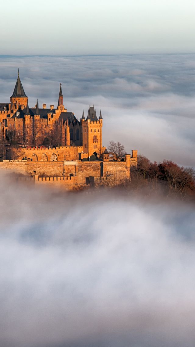 Hohenzollern Castle, Germany, Europe, fog, 4k (vertical)