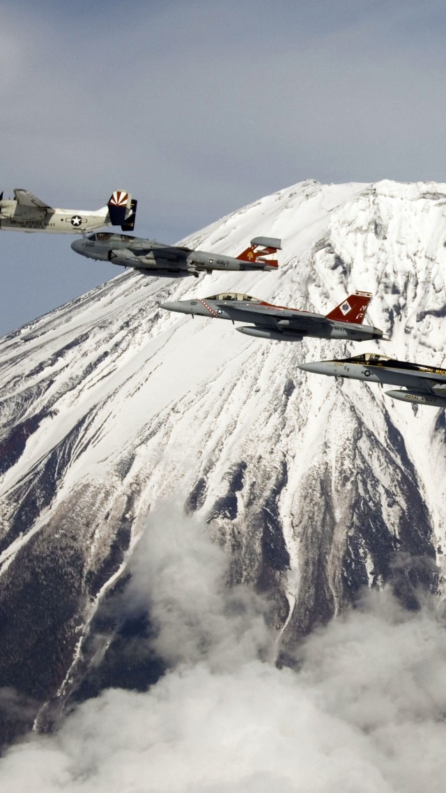 U.S. Navy, aircraft, carrier, jet, fighter, mountain, Fuji, Japan (vertical)