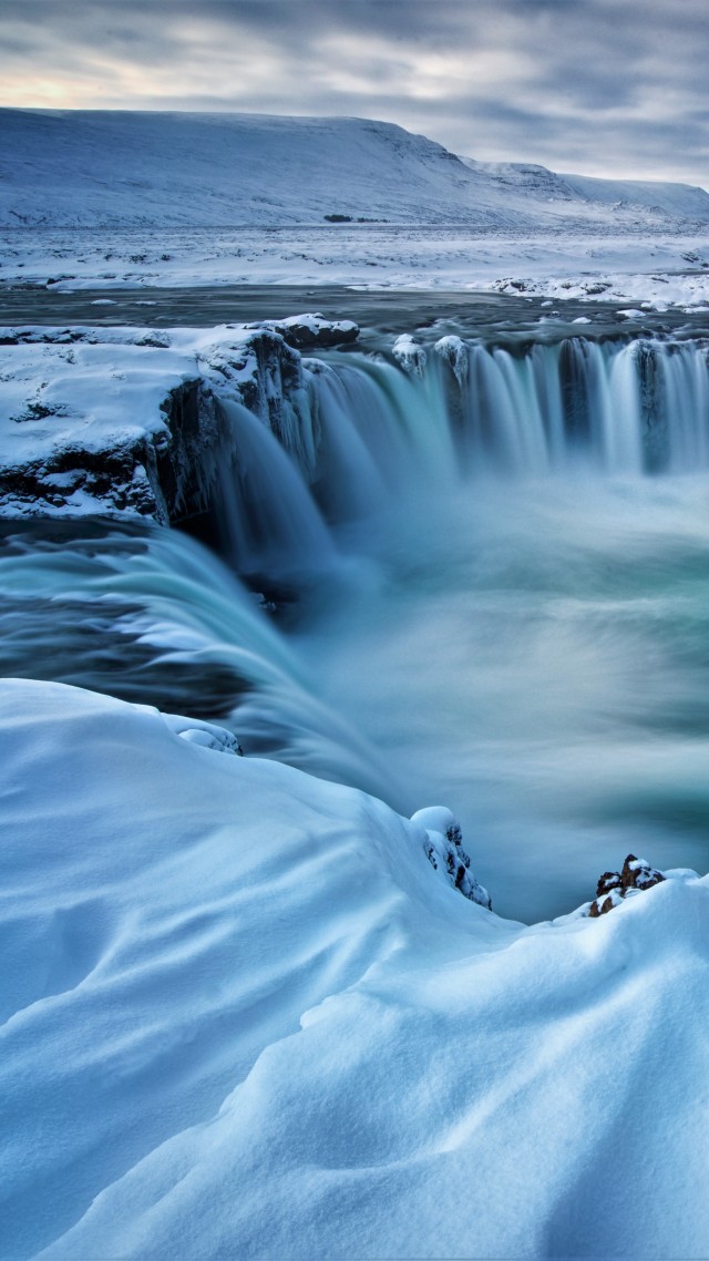 Godafoss, waterfall, winter, Iceland, 5k (vertical)