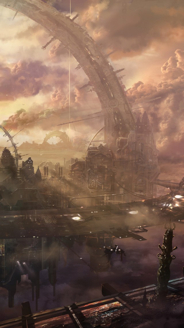 Heaven, city, arch, building, space station, monster, clouds, sky, sunset, fantasy, art, future, sci-fi (vertical)