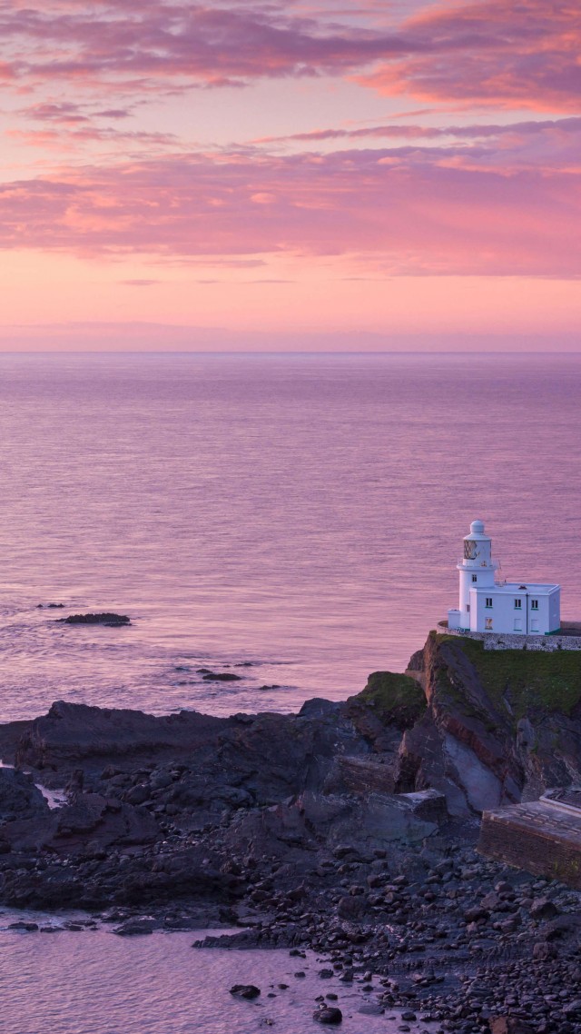 Hartland Point, Lighthouse, Lundy Island, North Devon, sunset, water, ocean, 5K (vertical)
