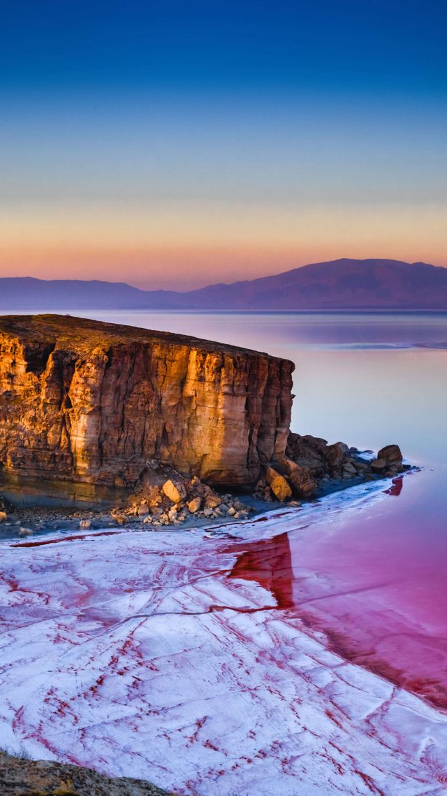 Lake Urmia, Iran, lake, water, sunrise, rock, 5K (vertical)