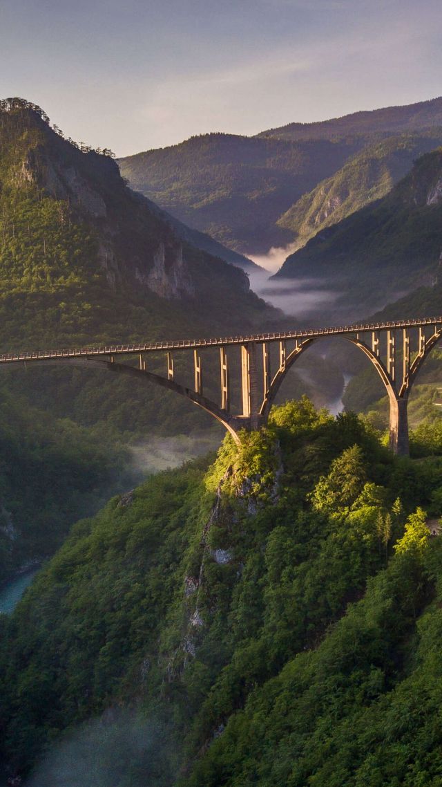 bridge, mountains, green, river, 4K (vertical)
