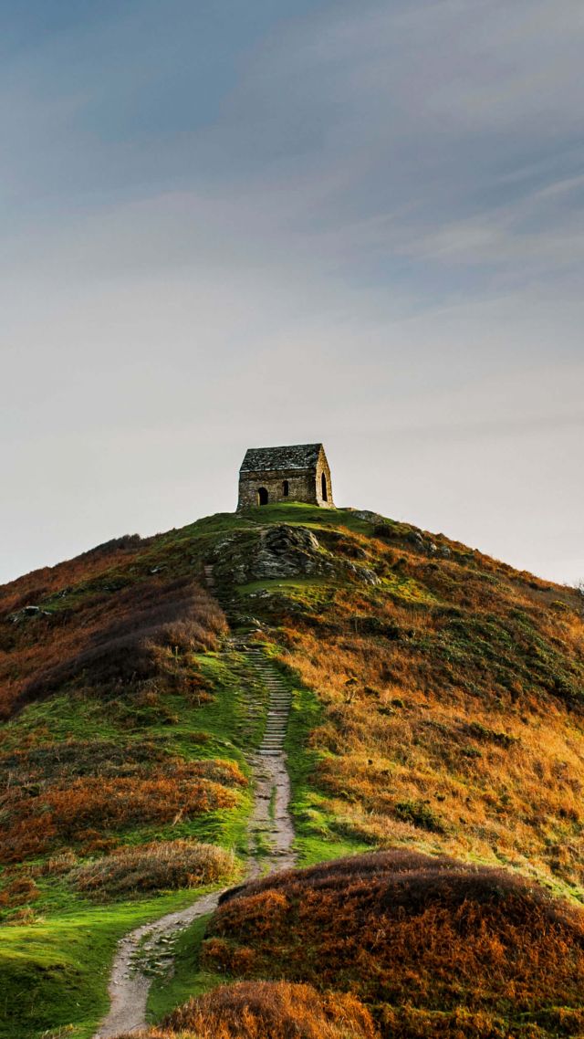 Rame Head, Cornwall, hill, green, autumn, 4K (vertical)