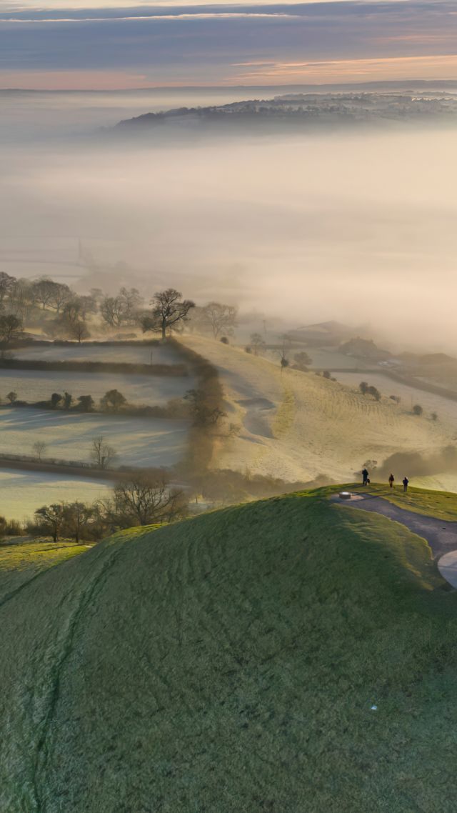 morning, frost, sunrise, fog, Glastonbury Tor, Somerset, 4K (vertical)