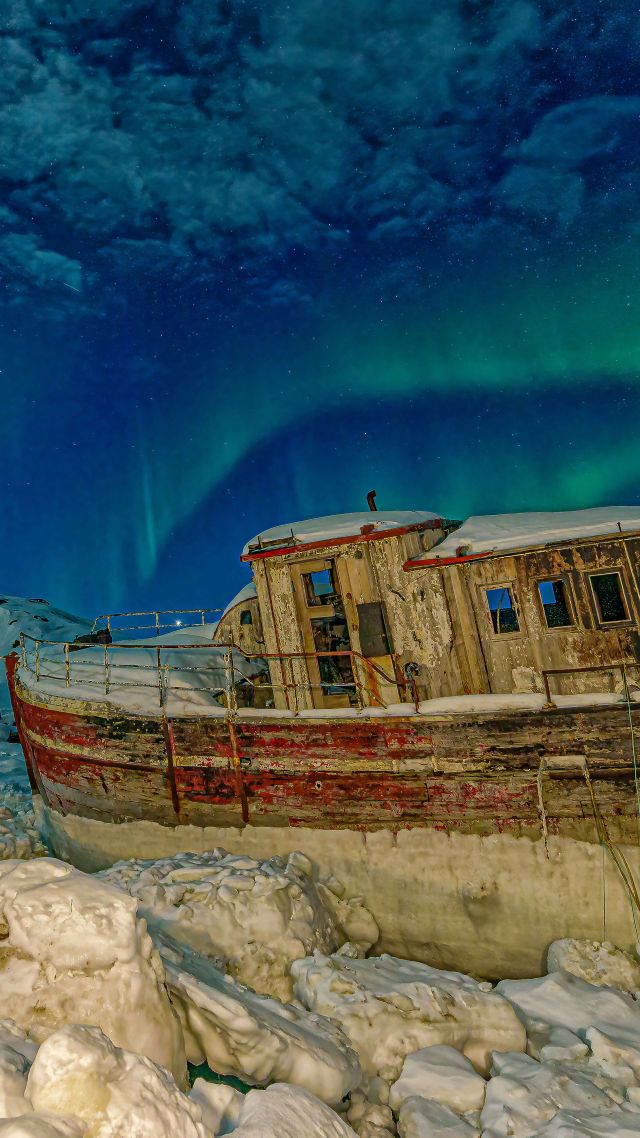 Norway, Europe, aurora, ship, ice, winter, 5K (vertical)