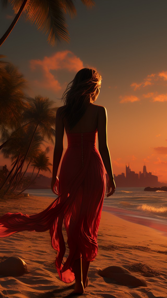 girl, sunset, Miami, beach, brunette, beauty, 4K (vertical)