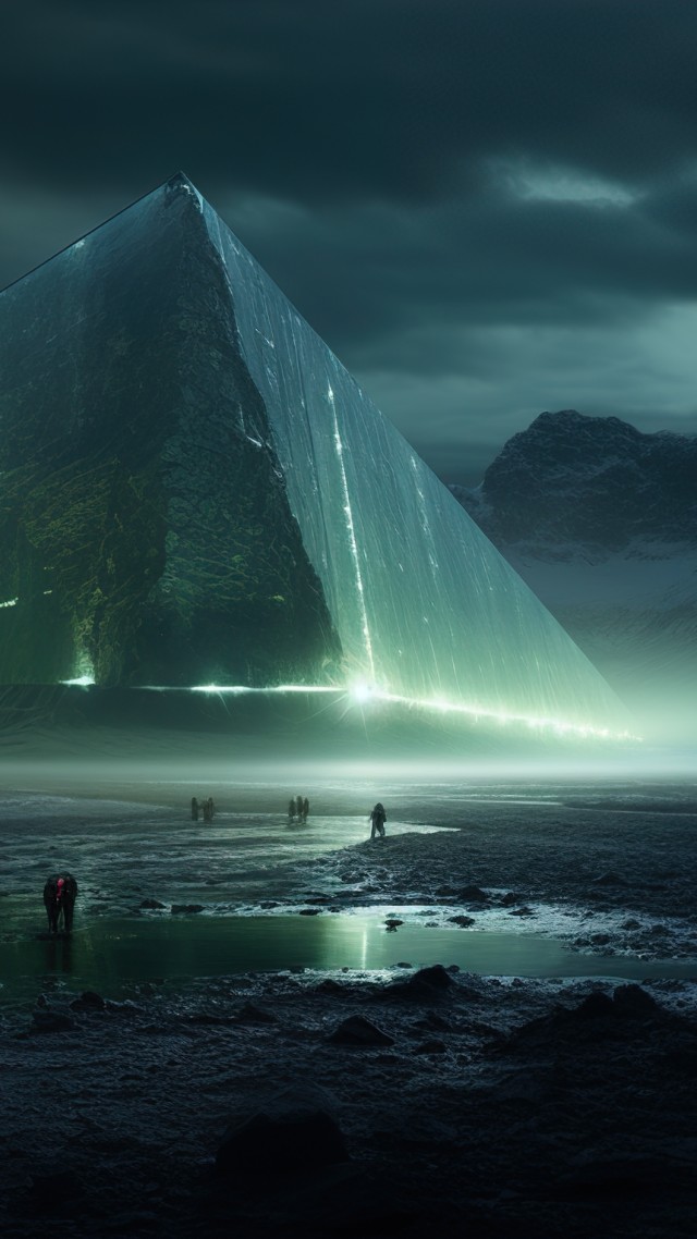 pyramid, futuristic, ice, snow, mountains, dark, 4K (vertical)