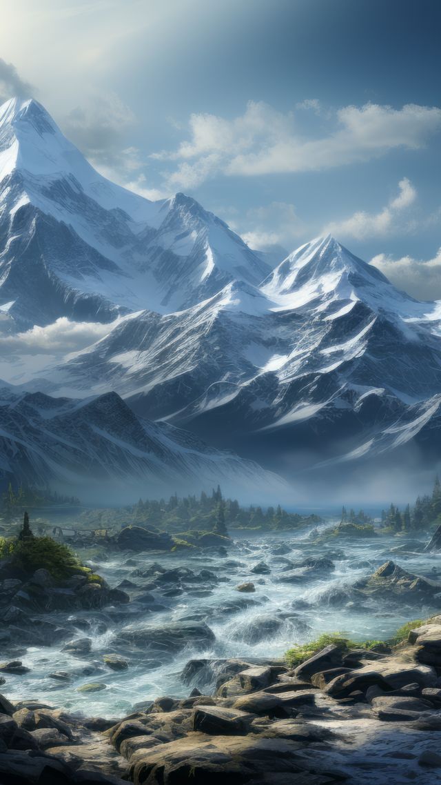 forest, river, mountains (vertical)