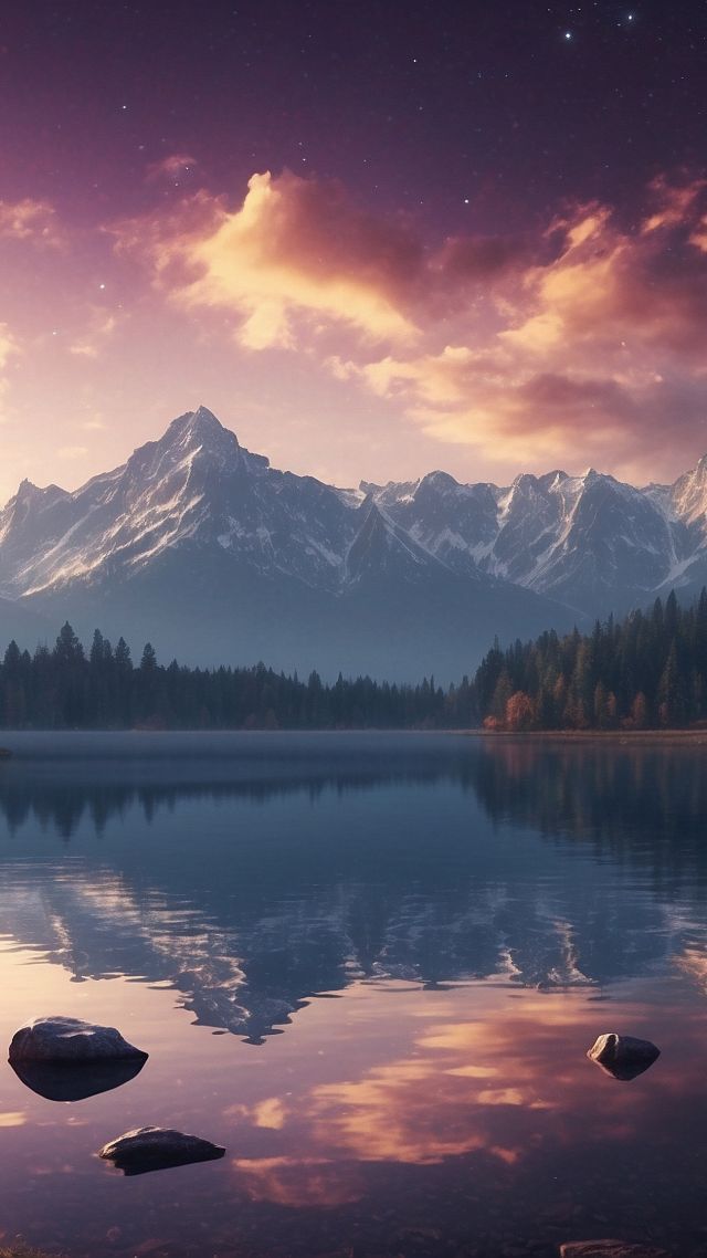 forest, mountains, lake, sunset, OSX (vertical)