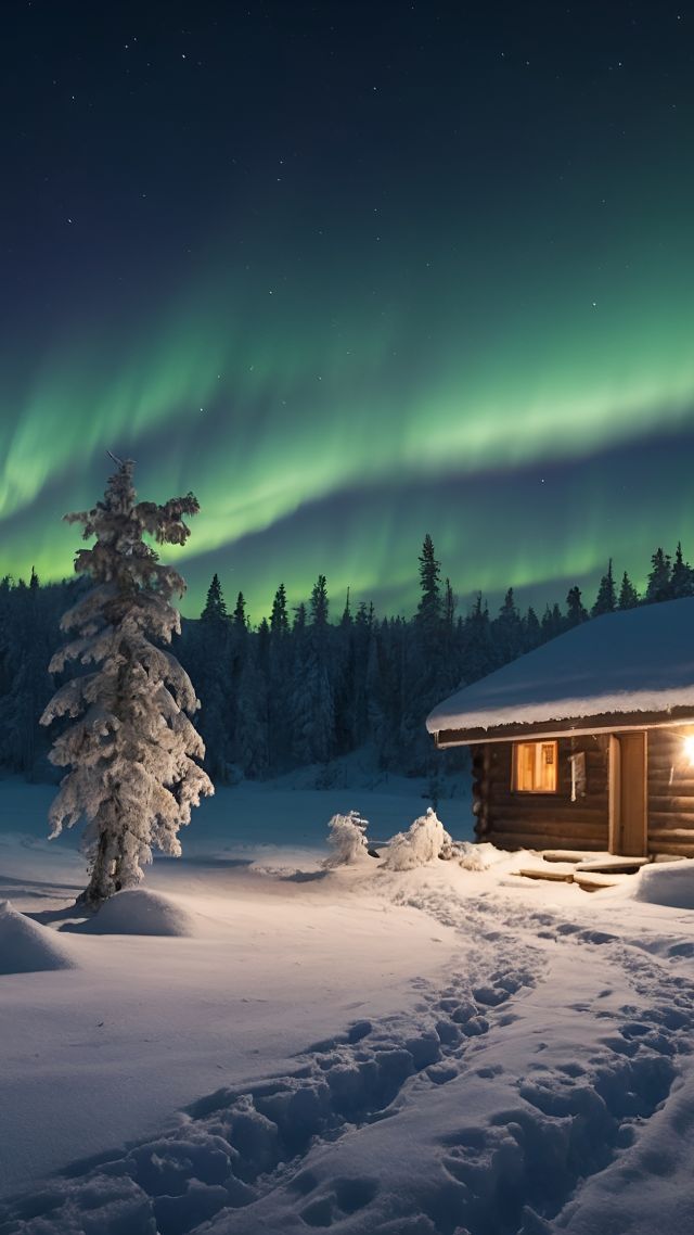 forest, snow, house, polar lights (vertical)