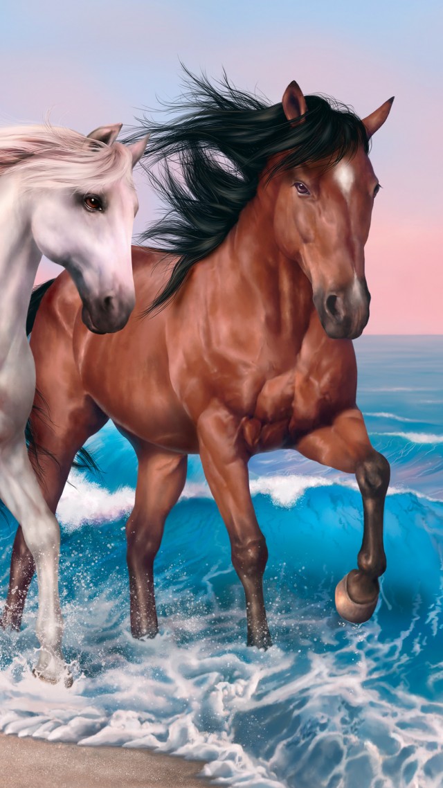 horses, 4k, HD wallpaper, run, sea, ocean, sunset, white, brown (vertical)