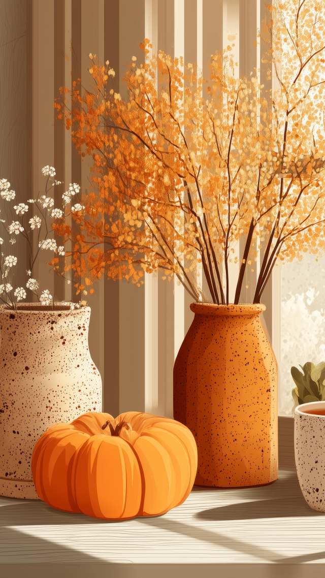 fall decor wallpaper, autumn style, warm beverages, background for mobile wallpaper (vertical)