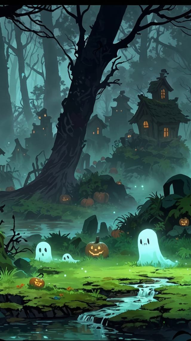 halloween ghosts wallpaper, foggy forest, eerie atmosphere, background for mobile wallpaper (vertical)