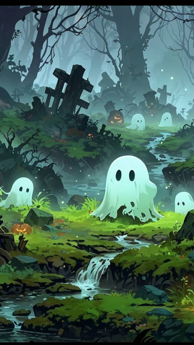 halloween ghosts wallpaper, foggy forest, whimsical creatures, background for mobile wallpaper (vertical)