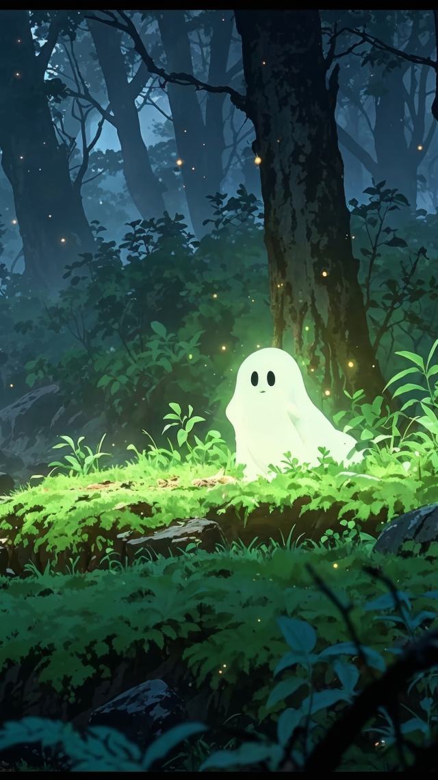 halloween ghosts wallpaper, foggy forest, cute monsters, background for mobile wallpaper (vertical)