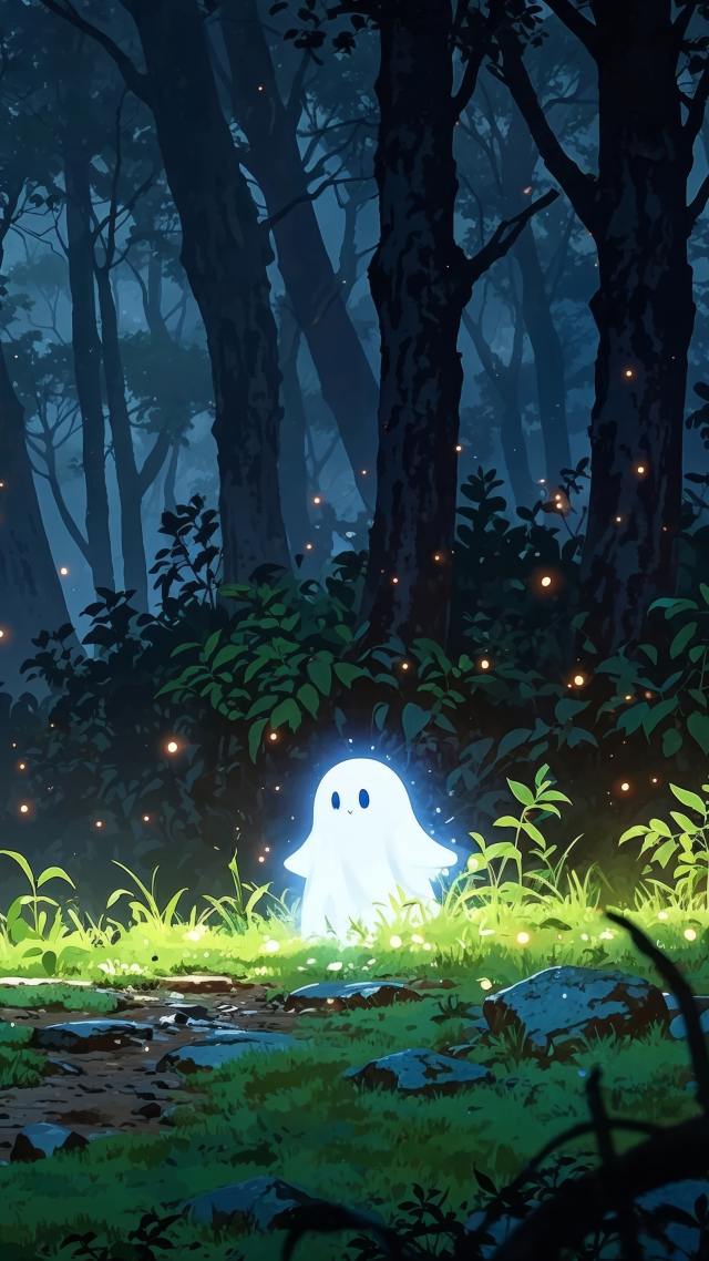 halloween ghosts wallpaper, foggy forest, cute monsters, background for mobile wallpaper (vertical)