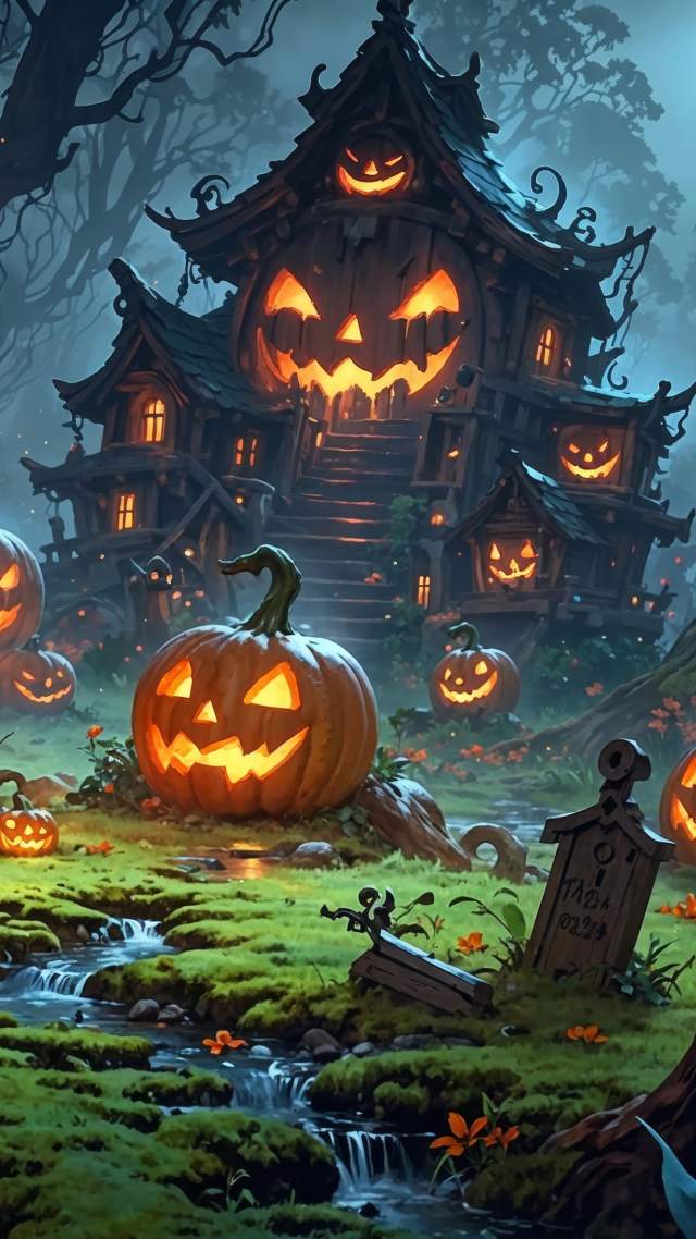 halloween pumpkin wallpaper, spooky decorations, festive lanterns, background for mobile wallpaper (vertical)