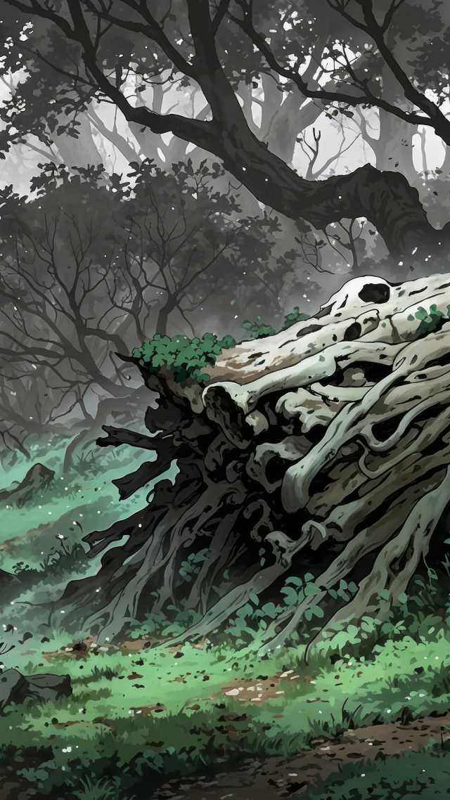 bone pile wallpaper, creepy landscape, haunted woods, background for mobile wallpaper (vertical)