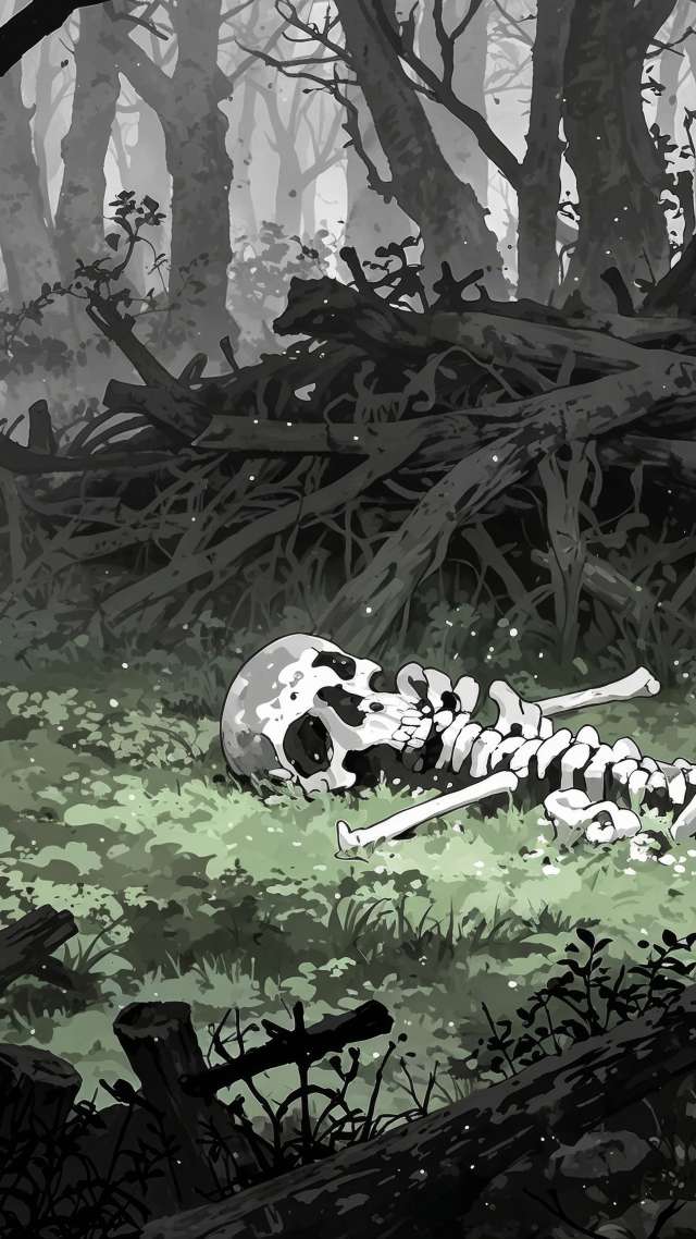 bone pile wallpaper, creepy landscape, decaying leaves, background for mobile wallpaper (vertical)