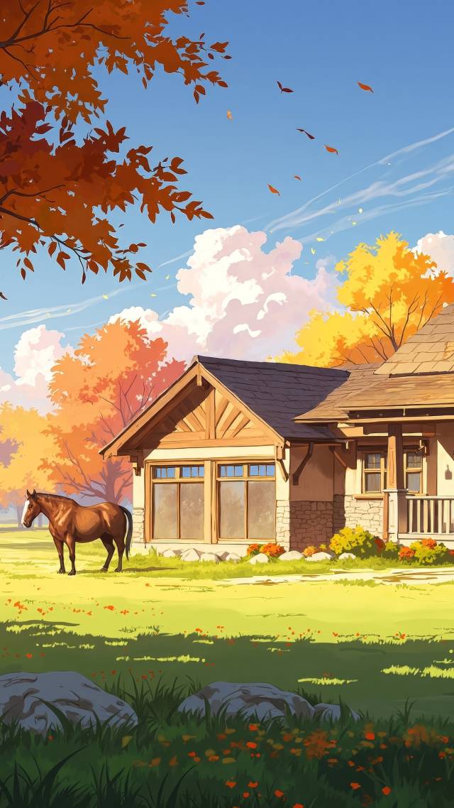 modern farmhouse wallpaper, autumn house, country chic, background for mobile wallpaper (vertical)