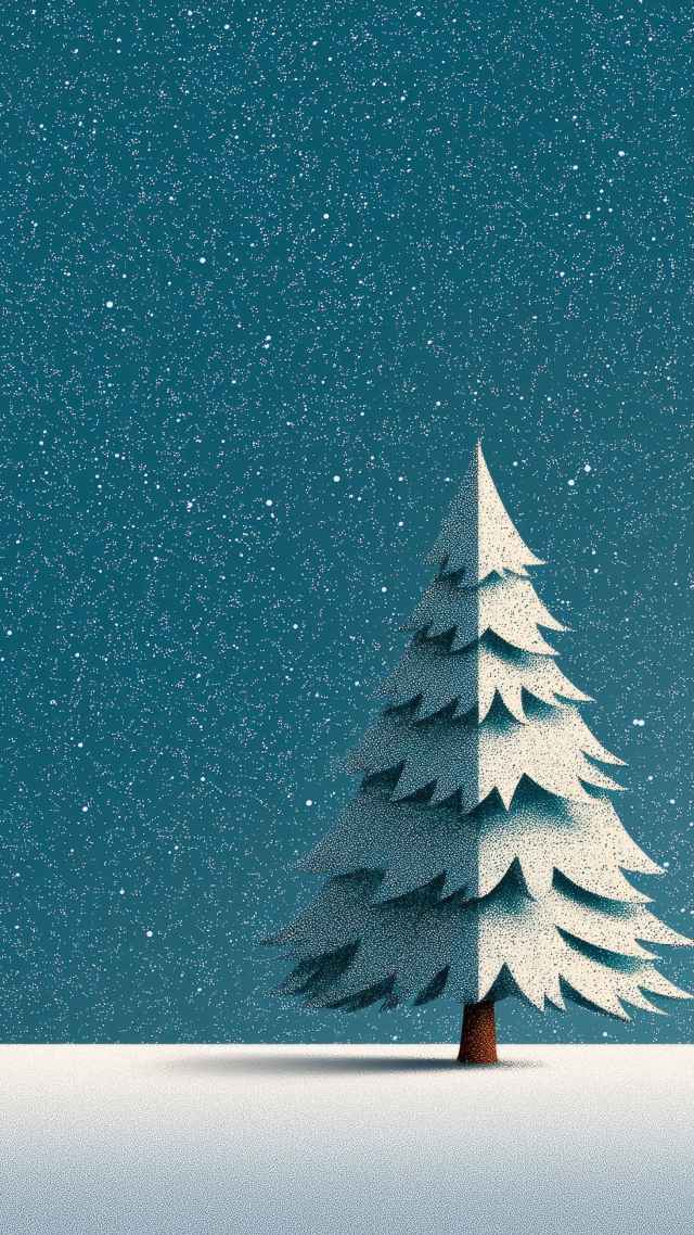 holiday tree wallpaper, snow-dusted, minimalist christmas decor, background for mobile wallpaper (vertical)