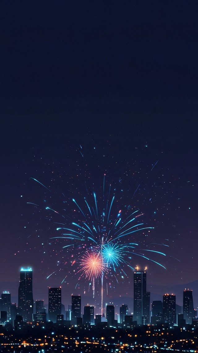 new year fireworks wallpaper, cityscape, holiday festivities, background for mobile wallpaper (vertical)