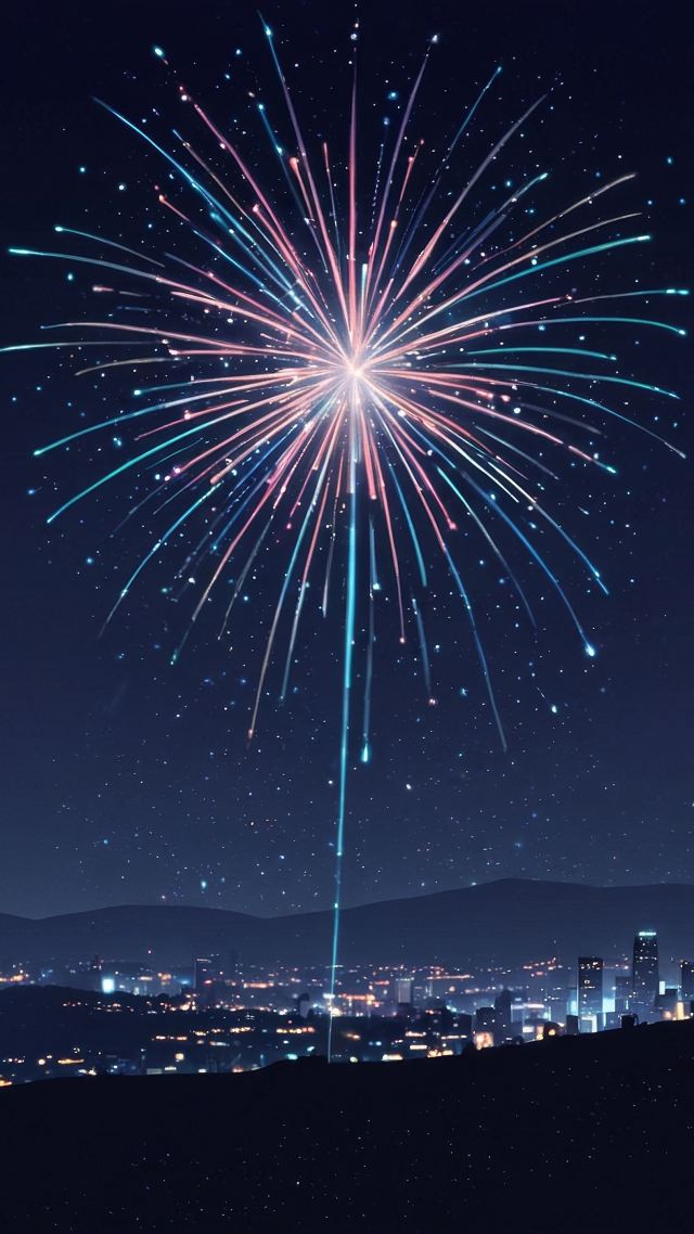 new year fireworks wallpaper, cityscape, holiday festivities, background for mobile wallpaper (vertical)