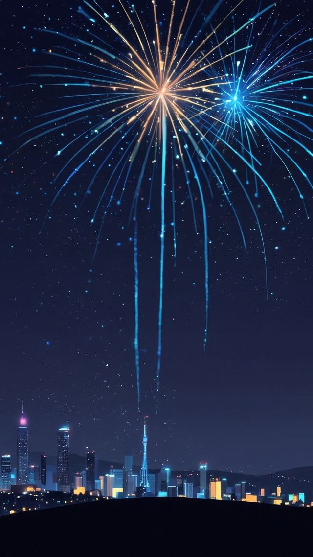 new years eve wallpaper, city skyline, fireworks display, background for mobile wallpaper (vertical)