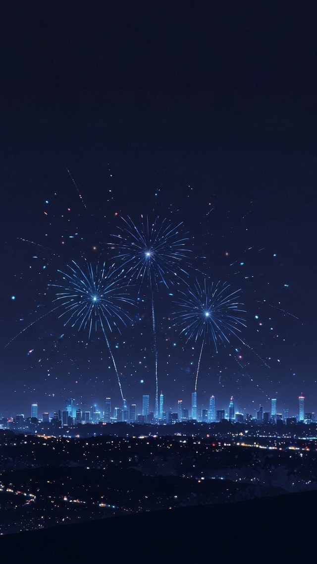 new years eve wallpaper, city skyline, festive celebrations, background for mobile wallpaper (vertical)