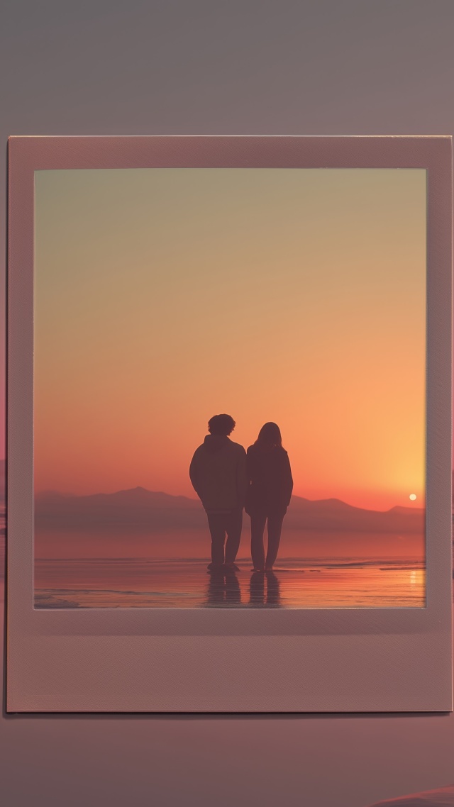 beach romance wallpaper, love at the shore, soft focus, background for mobile wallpaper (vertical)