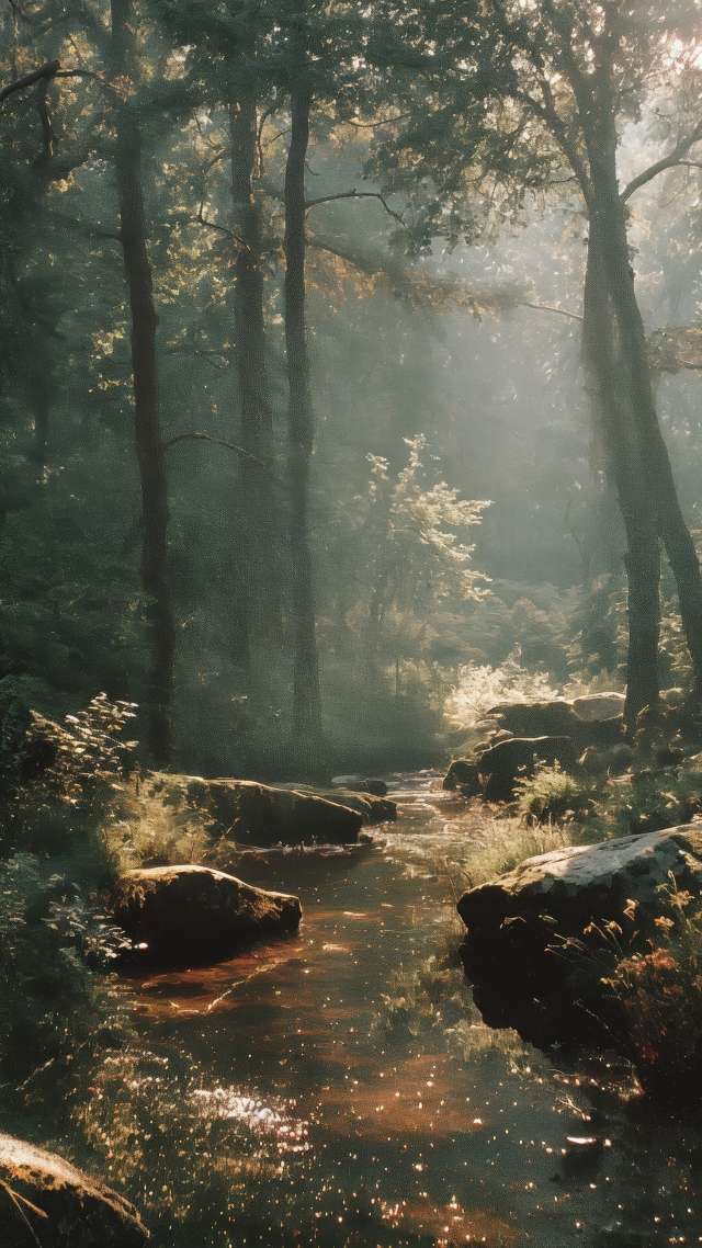 peaceful retreat wallpaper, wild forest, mossy, background for mobile wallpaper (vertical)