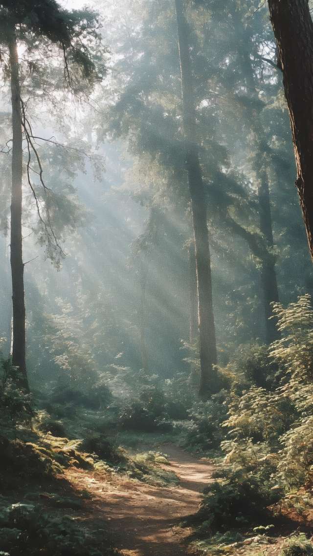 mossy wallpaper, canopy, sunlight through trees, background for mobile wallpaper (vertical)