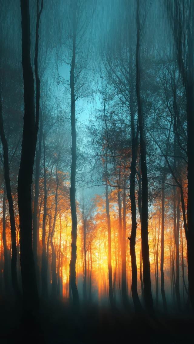 sunset rays wallpaper, autumn forest, sunlit trees, background for mobile wallpaper (vertical)