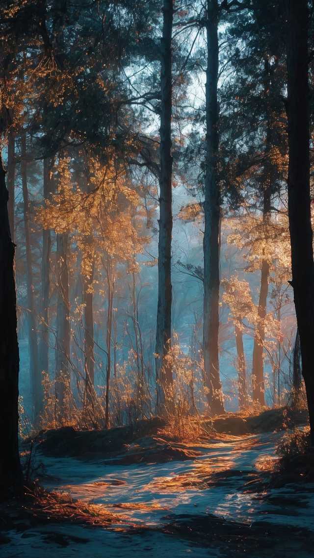 warm hues wallpaper, autumn forest, golden hour light, background for mobile wallpaper (vertical)