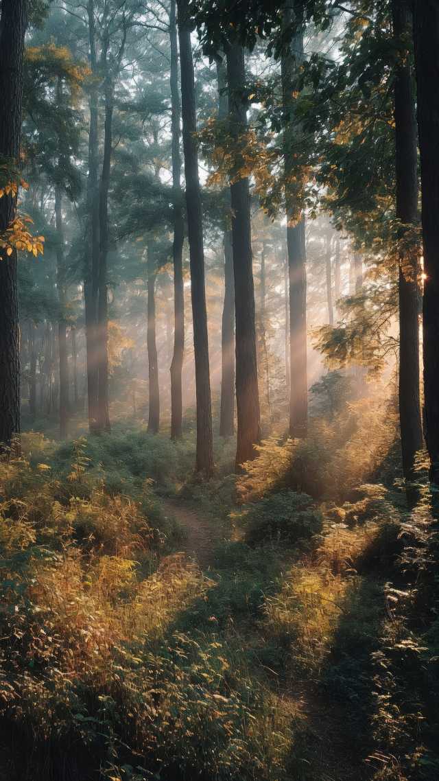 cozy atmosphere wallpaper, autumn forest, peaceful landscape, background for mobile wallpaper (vertical)