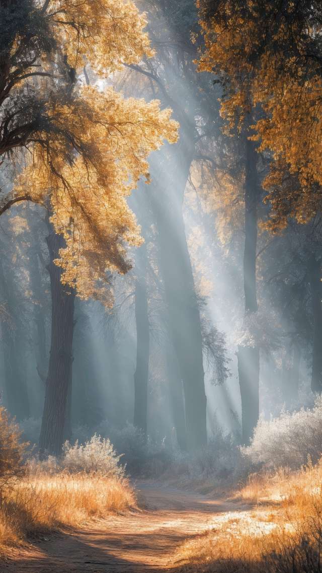 glowing trees wallpaper, warm hues, autumn forest, background for mobile wallpaper (vertical)