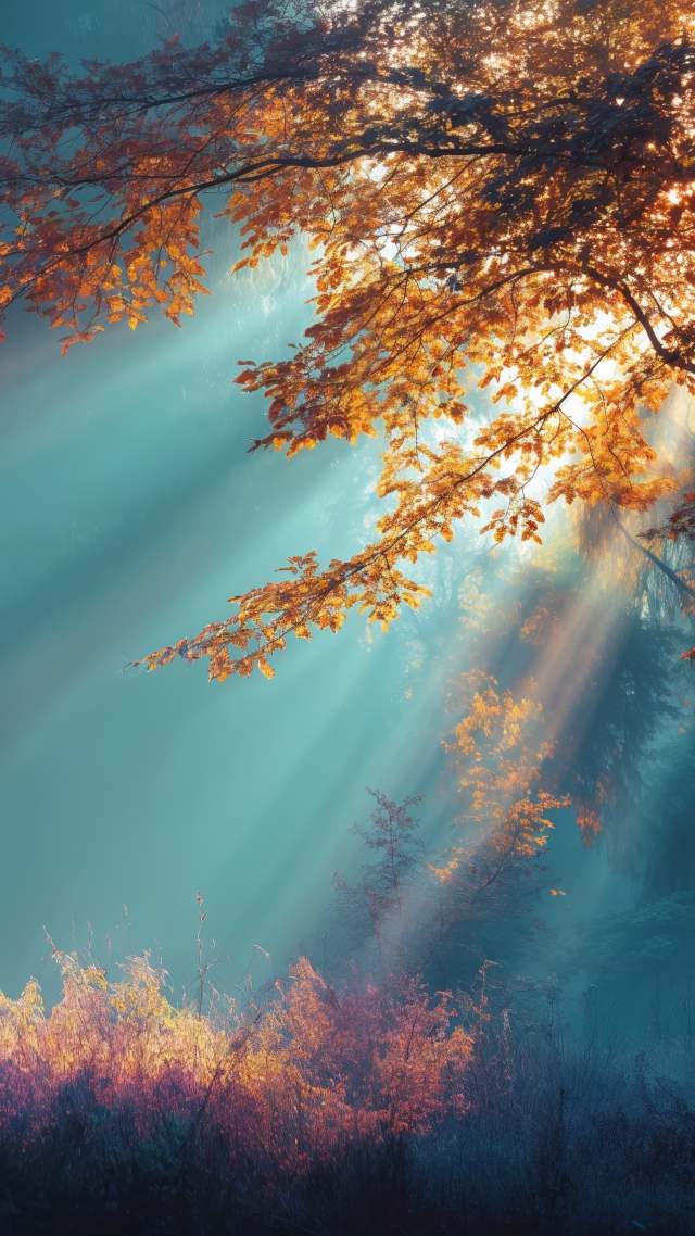 peaceful landscape wallpaper, sunlight filtering, autumn forest, background for mobile wallpaper (vertical)