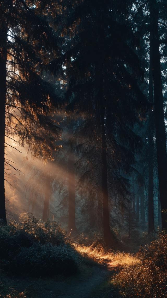 golden color wallpaper, deep woods, sunlight beams, background for mobile wallpaper (vertical)