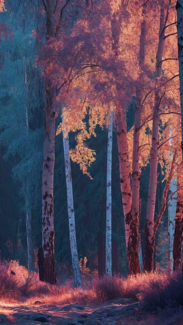 sunlit trees wallpaper, golden color, ethereal glow, background for mobile wallpaper (vertical)