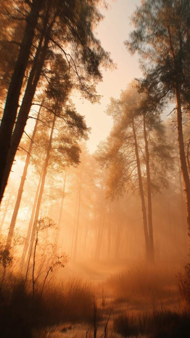 forest landscape wallpaper, woodland scene, volumetric, background for mobile wallpaper (vertical)