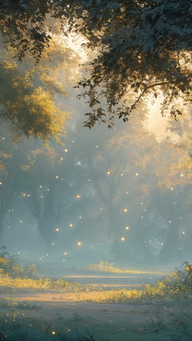 tranquil grove wallpaper, colorful light, fantasy imagery, background for mobile wallpaper (vertical)
