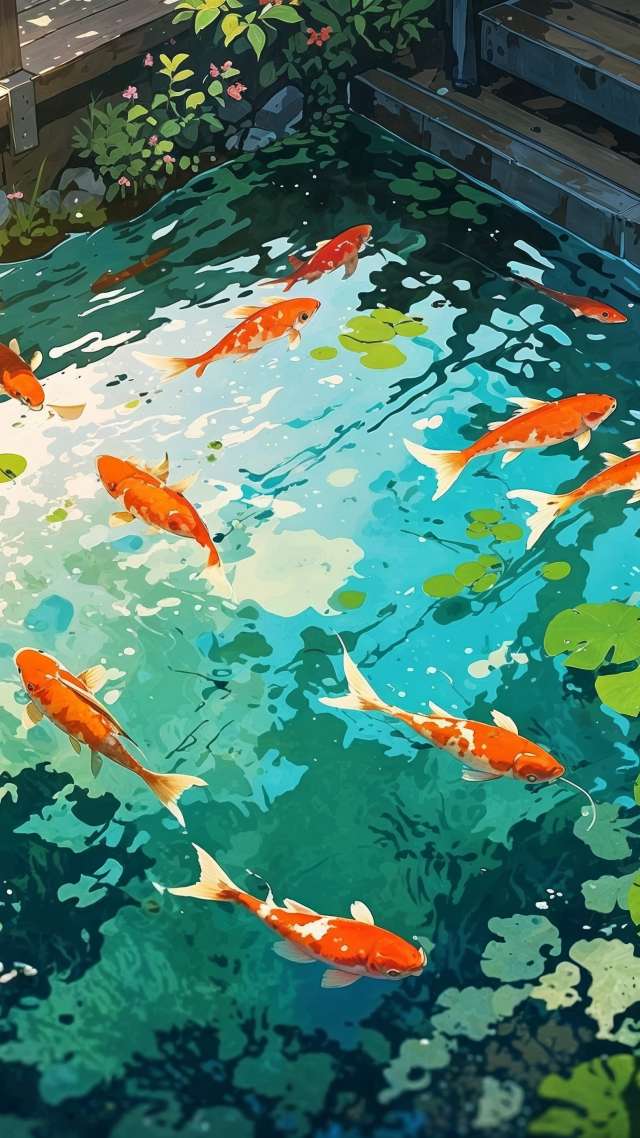 koi fish wallpaper, outdoor retreat, meditation art, background for mobile wallpaper (vertical)