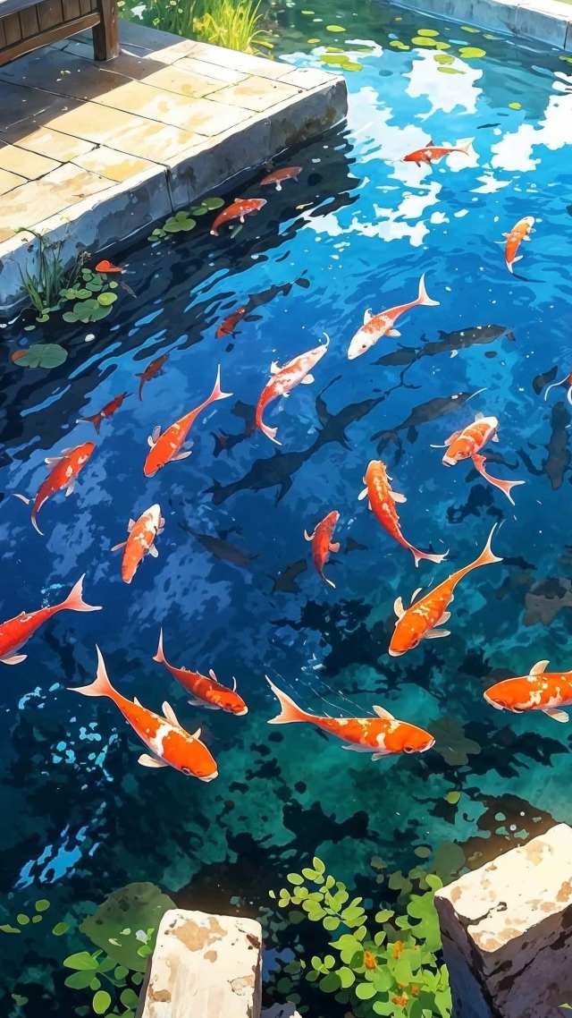 tranquil water wallpaper, relaxation space, garden tranquility, background for mobile wallpaper (vertical)