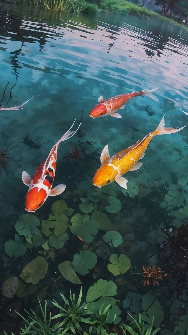 ornamental fish wallpaper, outdoor decor, garden tranquility, background for mobile wallpaper (vertical)