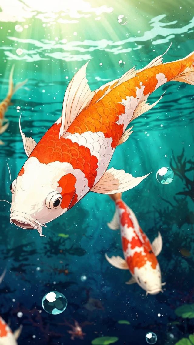 underwater scene wallpaper, japanese aesthetics, fish swimming, background for mobile wallpaper (vertical)