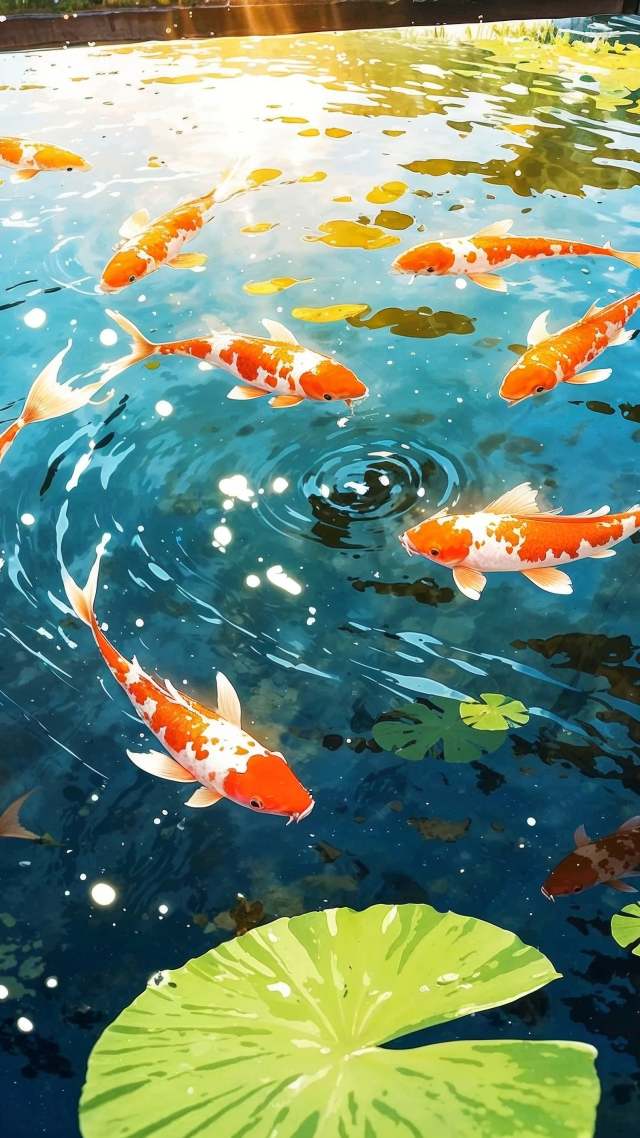 backyard pond wallpaper, japanese aesthetics, koi, background for mobile wallpaper (vertical)