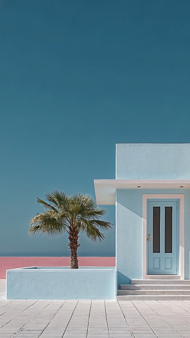 palm trees wallpaper, colorful buildings, coastal village, background for mobile wallpaper (vertical)